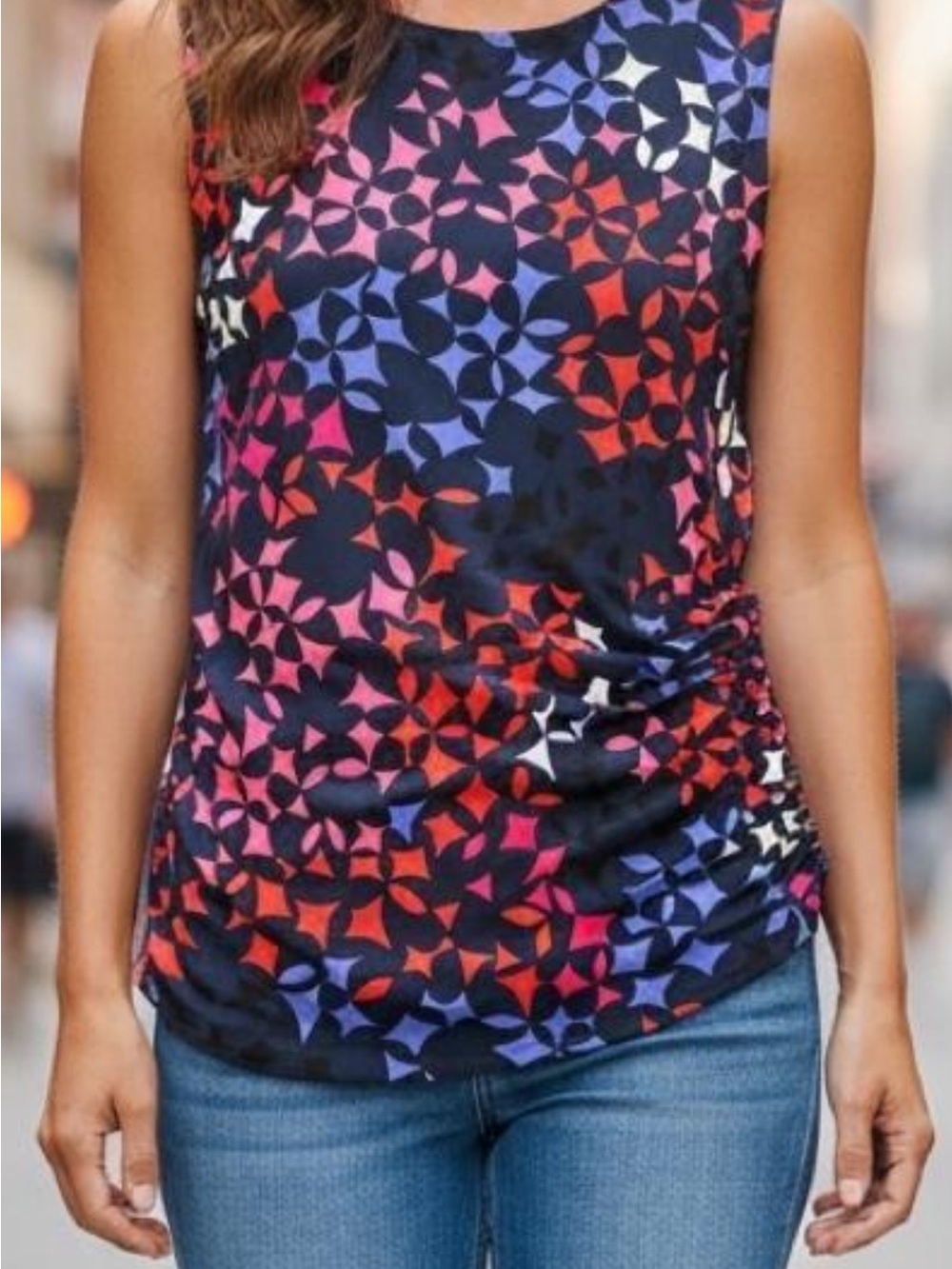 Anne Klein Navy Geometric Print Sleeveless Camisole with Red & Pink Accents